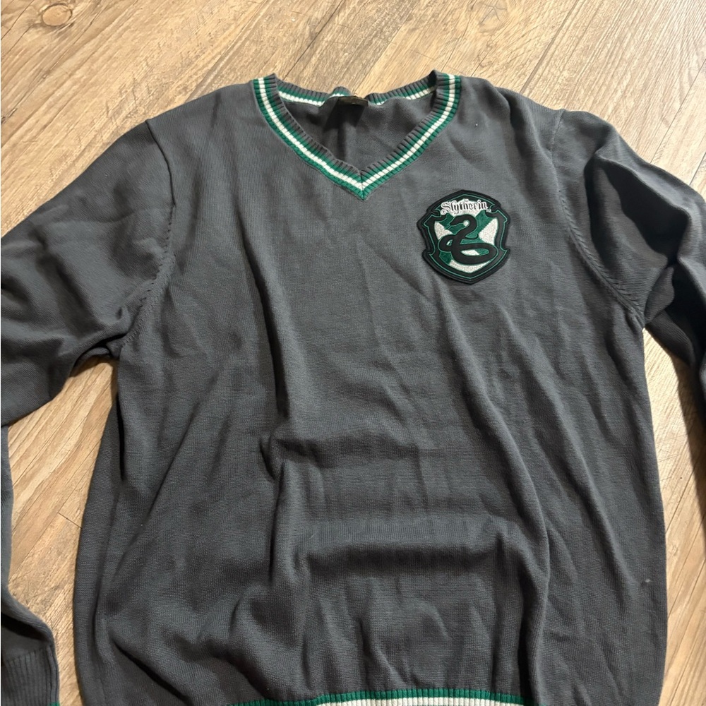 Men’s Gray Harry Potter Slytherin Sweater with Green Trim and Crest